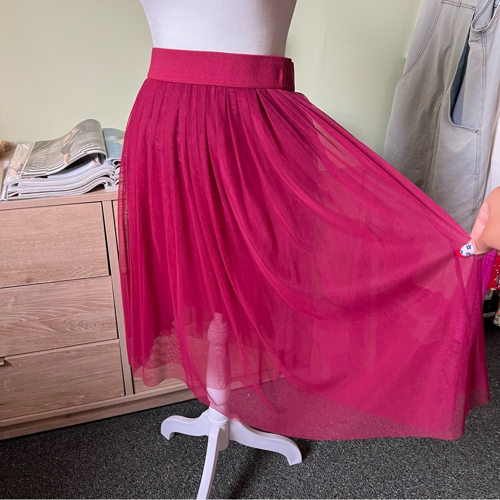 Maroon Red Layered Mesh Pleated Tutu High-Waist Modest Midi Knee-Length Skirt S - Picture 11 of 16
